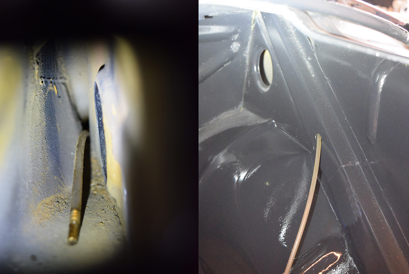 Endoscope picture during rust protection in C-pillar in order not to damage the cloth dome in a Mercedes Ponton 219 W105, here the A-pillar