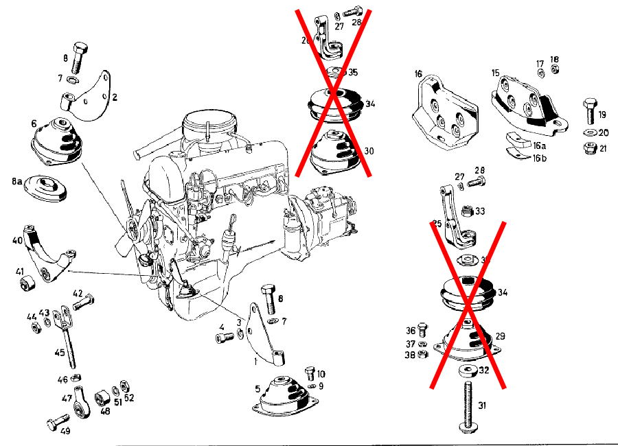 The 219’s engine suspension, with the later type of mounts crossed out.