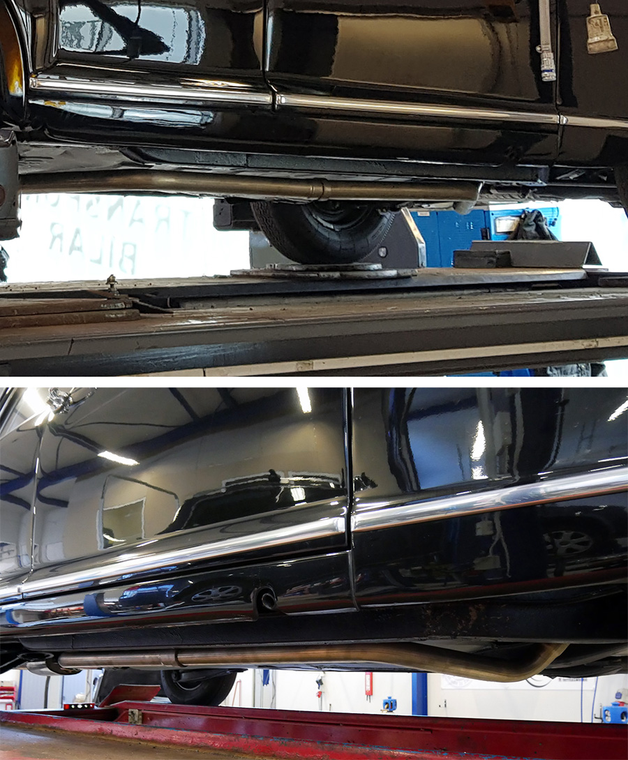 Fixing the Mercedes Ponton’s middle pipe, between middle and front muffler – before and after