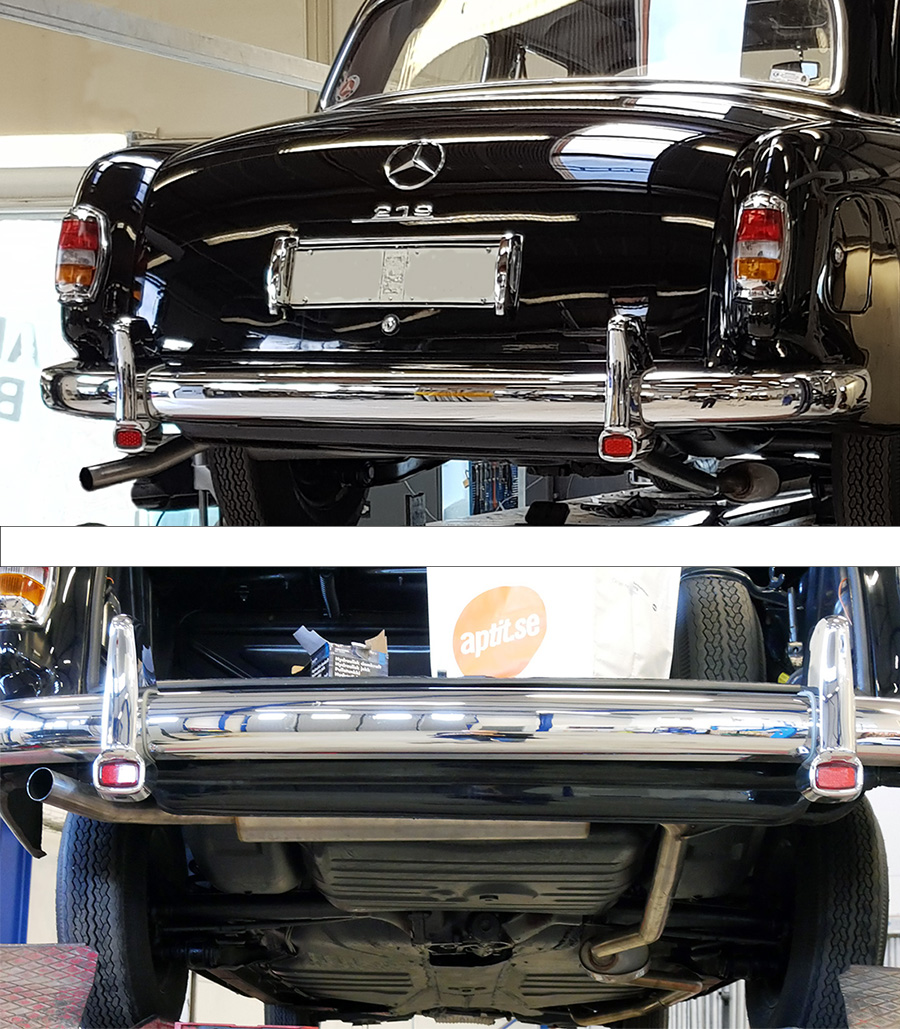 Fixing the Mercedes 219’s rear muffler’s position – before and after